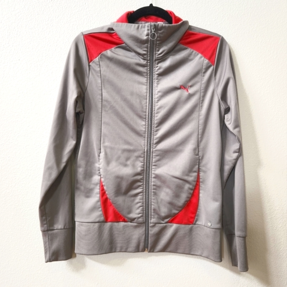 Puma Gray and Dark Pink/Red Full Zip, Track Jacket, Size Large